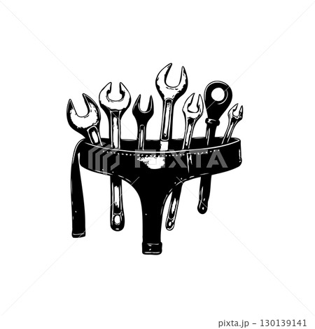 Tool belt with wrenches monochrome vector illustration repair symbol concept 130139141