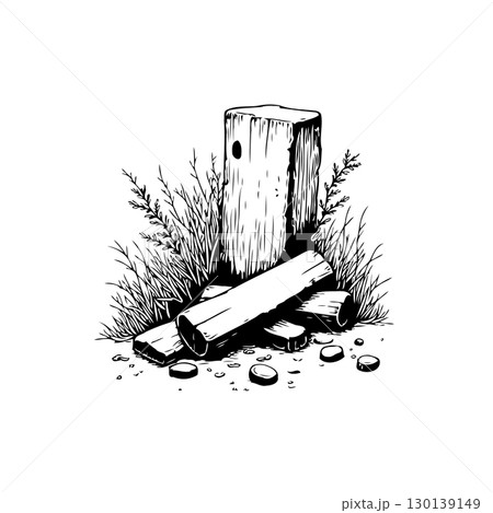 Detailed woodpile illustration with grassy vegetation in black and white outline 130139149