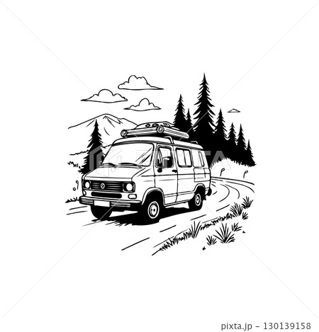 Serene road trip illustration: A vintage van amidst nature's embrace and mountain views 130139158