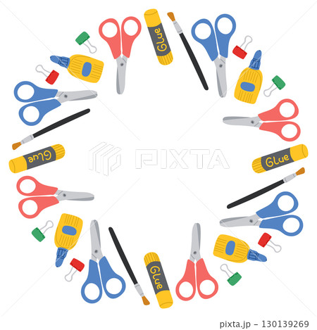 Colorful wreath made of school and craft supplies like scissors, glue, brushes and clips arranged in a circular frame 130139269