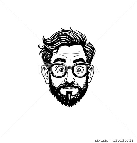 Stylish Bearded Man with Glasses: A Detailed Black and White Vector Portrait 130139312