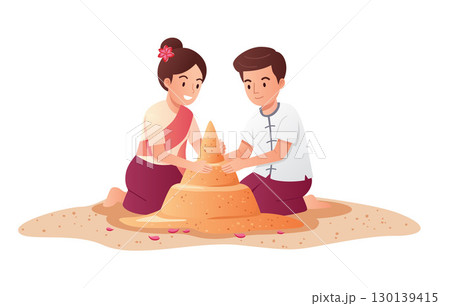 Couple Building a Sand Pagoda During Songkran Festival 130139415