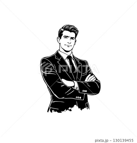 Confident Businessman Illustration: A Black and White Portrait of Success and Leadership Confident Businessman Illustration: A Black and White Portrait of Success and Leadership 130139455