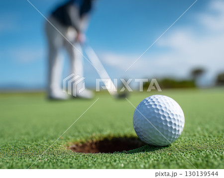 ゴルフボールがカップ手前にあるパッティング直前の瞬間　晴れた日にゴルフグリーンでパターショットを狙う 130139544