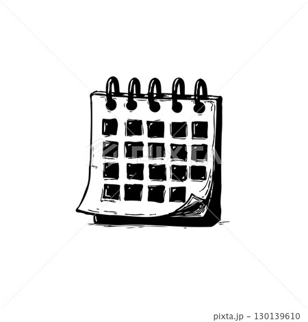 Black and white sketch of a calendar with spiral binding and visible grid Black and white sketch of a calendar with spiral binding and visible grid 130139610