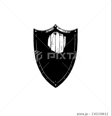 Minimalist black shield illustration with distressed texture on a white background Minimalist black shield illustration with distressed texture on a white background 130139612