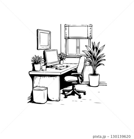Minimalist office scene with desk, computer, chair and plants in monochrome illustration 130139620