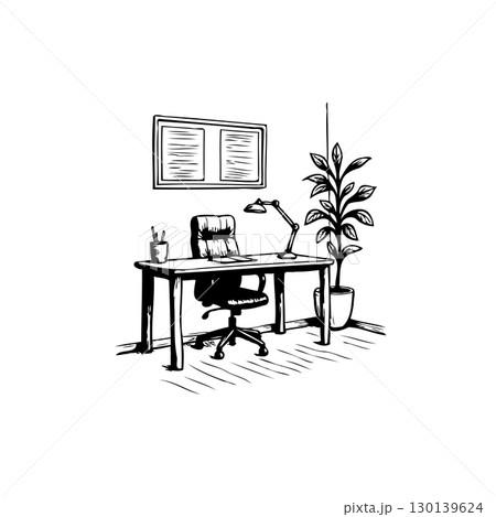 Minimalist Office Workspace with Desk, Chair, Plant, and Artwork in Monochrome Style 130139624