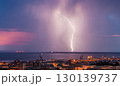 Massive cloud to ground lightning bolts hitting the horizon of city lights 130139737