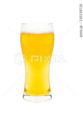 Golden Beer Glass with Frothy Head and Bubbles on Clean White Background 130139738