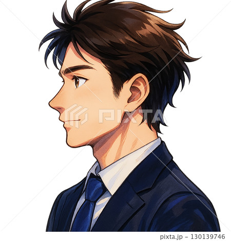 横顔のビジネスマン／社会人男性イラスト（スーツ・人物単体・白背景） 130139746