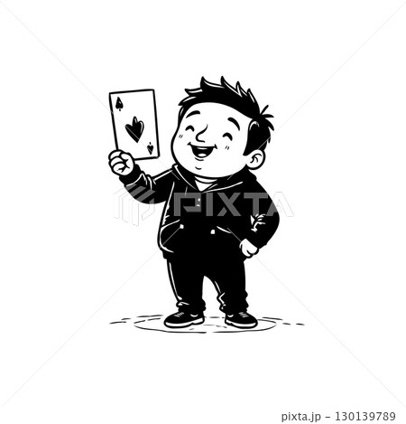 Cartoon illustration of a cheerful boy holding up a playing card with a heart Cartoon illustration of a cheerful boy holding up a playing card with a heart 130139789
