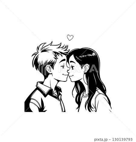 Charming black and white drawing of a young couple sharing an intimate moment 130139793