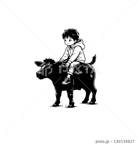 Charming Illustration of a Boy Riding a Cow in...のイラスト素材 [130139827 ...