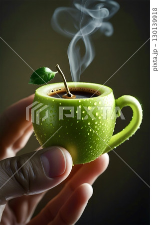 A hand holds a uniquely designed cup made to resemble a green apple with a handle.  130139918