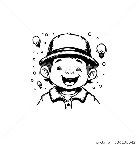 Smiling boy with hat and light bulbs cartoon illustration in black and white 130139942
