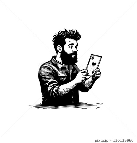 Man holding a playing card - Portrait of a hipster with a beard illustration Man holding a playing card - Portrait of a hipster with a beard illustration 130139960