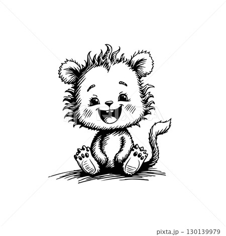 Charming hand drawn illustration of a cute cartoon lion cub in black and white 130139979
