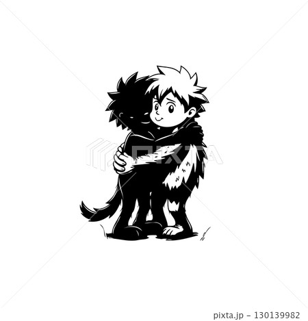 Heartwarming Embrace: Cartoon Boy Comforts a Shadowy Monster in Black and White Heartwarming Embrace: Cartoon Boy Comforts a Shadowy Monster in Black and White 130139982