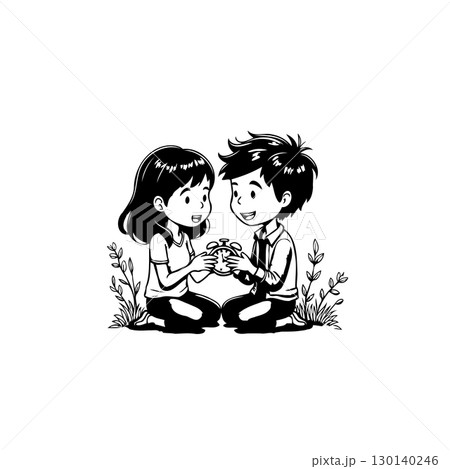 Illustration of a boy and girl sharing an alarm clock in black and white Illustration of a boy and girl sharing an alarm clock in black and white 130140246