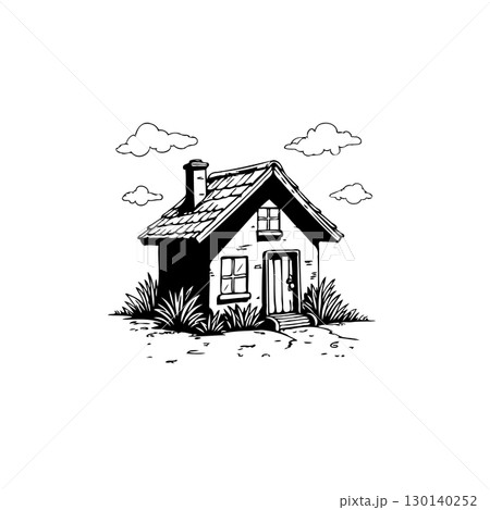 Charming monochrome hand-drawn illustration of a cozy house in a simple landscape 130140252