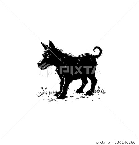 Captivating monochrome illustration of a vigilant canine standing on grassy terrain 130140266