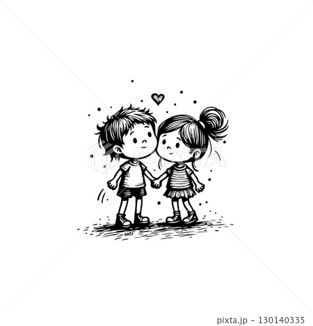 Charming hand-drawn illustration of a young couple in love, perfect for Valentine's Day 130140335