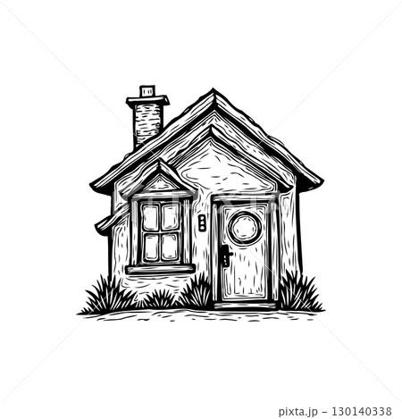 Charming Hand-Drawn Cottage Illustration with Rustic Textures and Whimsical Details 130140338