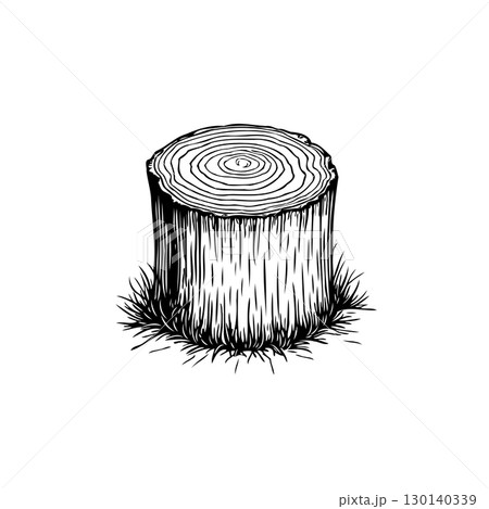 Monochrome Detailed Drawing of a Tree Stump with Grass Illustrating Nature's Resilience 130140339