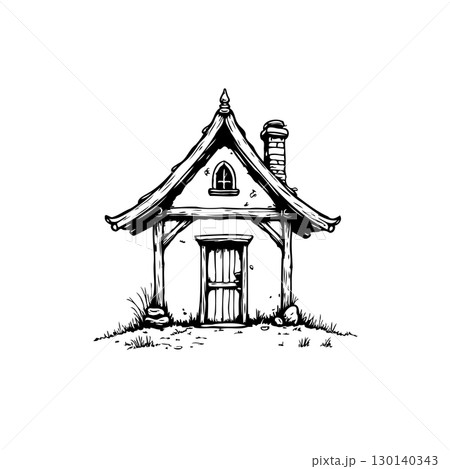 Charming hand drawn black and white illustration of a quaint rustic cottage 130140343