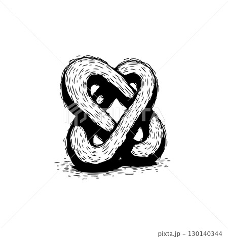 Monochrome drawing of an infinity-shaped knot with textured black and white shading 130140344