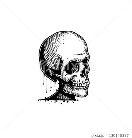 Striking black and white illustration of a human skull with dripping details 130140357