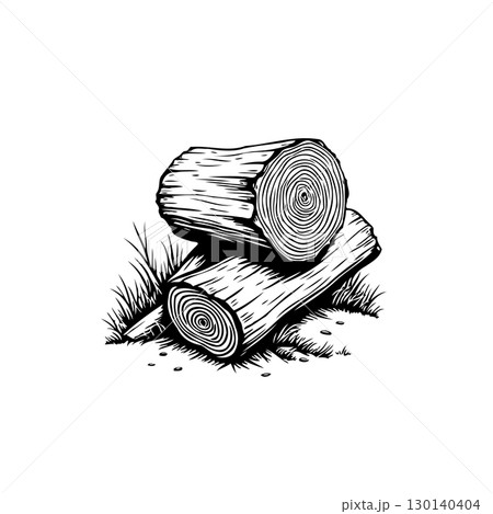 Monochrome illustration of stacked logs showcasing natural rings and wood texture Monochrome illustration of stacked logs showcasing natural rings and wood texture 130140404
