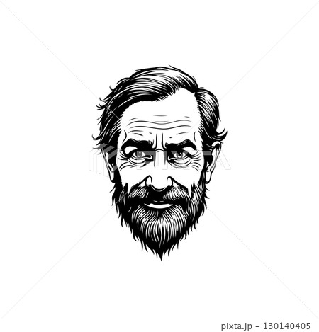 Detailed black and white portrait of a mature man with a beard and textured hair Detailed black and white portrait of a mature man with a beard and textured hair 130140405