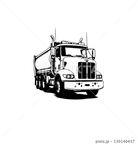 Monochrome Illustration of a Heavy-Duty Dump Truck Against a Plain Background 130140437
