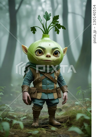 An animated character with an onion-like head stands in a misty forest.  An animated character with an onion-like head stands in a misty forest.  130140554