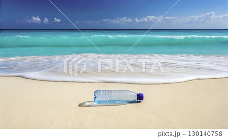 Plastic bottle abandoned on a pristine beach with turquoise waters and soft white sand 130140758