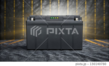 Battery displayed in a darkened environment showcasing its led indicators  130140780