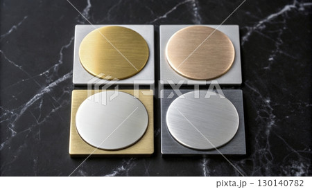 Decorative coasters in various metallic finishes arranged on a marble surface for home decor 130140782