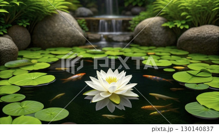 Peaceful garden pond with blooming lotus and vibrant koi fish in tranquil setting 130140837
