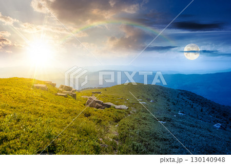 mountain landscape on mid summer. day and night time change concept. green hill and blue sky. scenic nature background for travel in alpine scenery. peaceful view with sun and moon at twilight 130140948