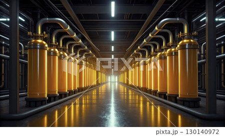 Industrial facility featuring illuminated orange cylinders in a long corridor Industrial facility featuring illuminated orange cylinders in a long corridor 130140972