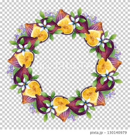 Wreath of figs, hydrangeas, lemon leaves and flowers. Watercolor of fruits, flowers and leaves isolated on a white background. Good for postcards, recipes, menu, invitations, greeting cards 130140979