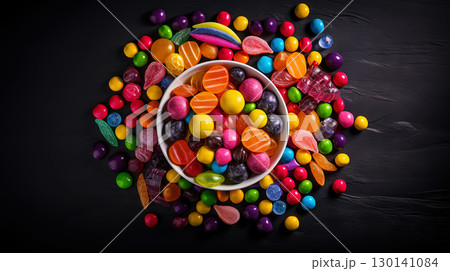 Top view on delicious multicolored candies on black rustic background. Generative AI 130141084