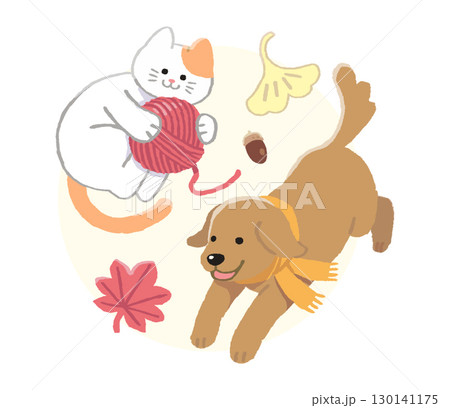 秋の猫と犬手書き風イラスト 130141175