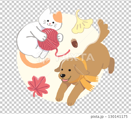 秋の猫と犬手書き風イラスト 130141175