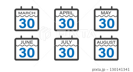 Calendar Icons for the Months of March, April, May, June, July, and August Showing the 30th Day. 130141341