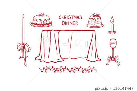 Set with illustrations for Christmas dinner. New Years table, cake, pies, candles and glass. Monochrome red Christmas illustration on white background. Vector illustrations for New Year's greetings or 130141447