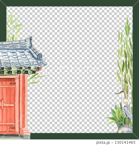 Traditional red gate, bamboo plants, and heron bird. Watercolor Asian landscape card. Oriental frame design with architectural detail, perfect for invitations, greeting cards, wedding stationery 130141465