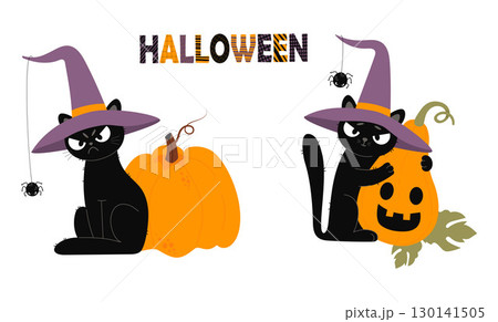 Cute Emotional Black Cat Halloween In Witch Hat With spider and Pumpkin lantern Jack Set. Isolated Cartoon Autumn holiday Funny Pet character. Vector illustration in flat style. Not AI 130141505